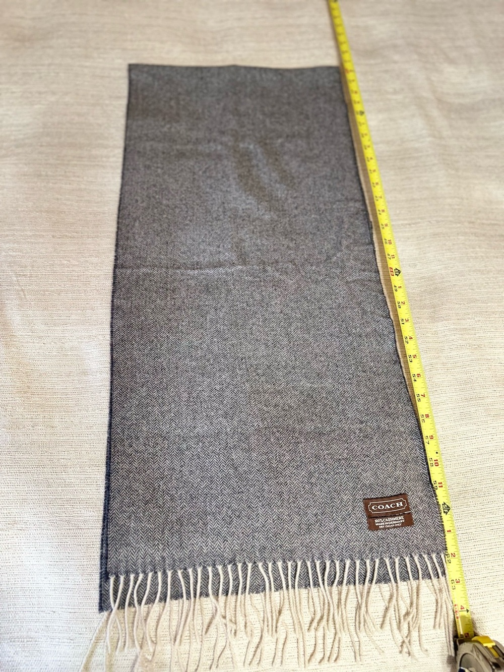 Coach 100% Cashmere Gray Herringbone Fringe Scarf | Made in Germany | Vintage